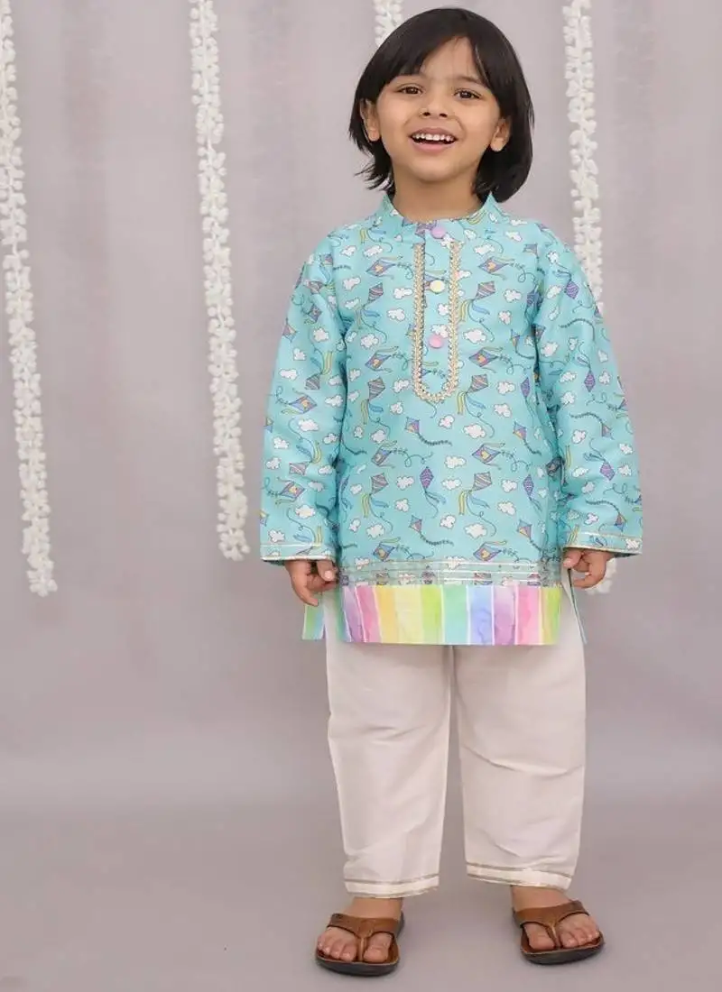 Blue printed cotton silk kurta pyjama
