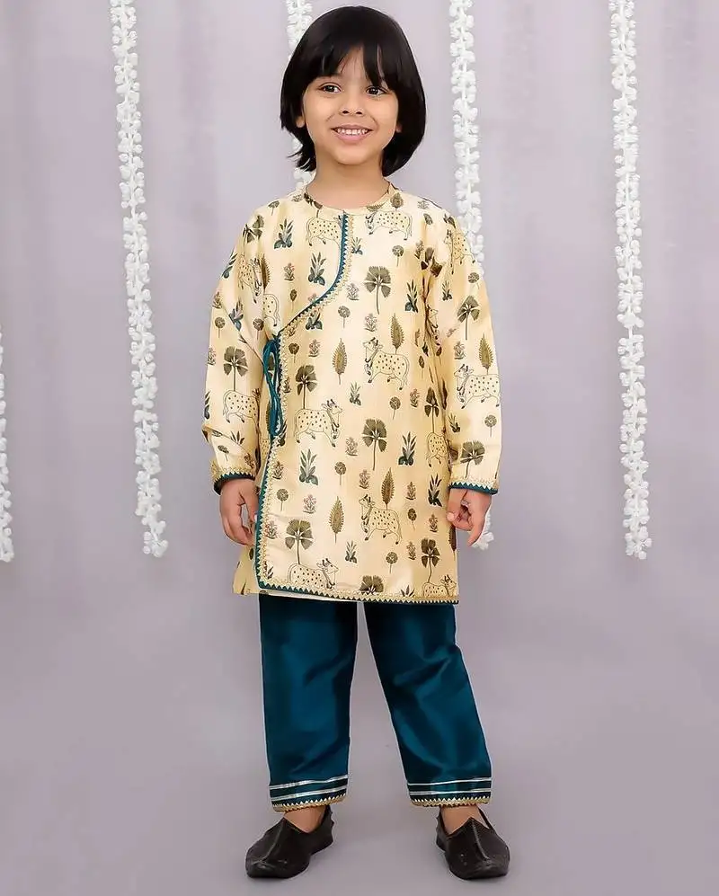 Yellow printed cotton silk kurta pyjama