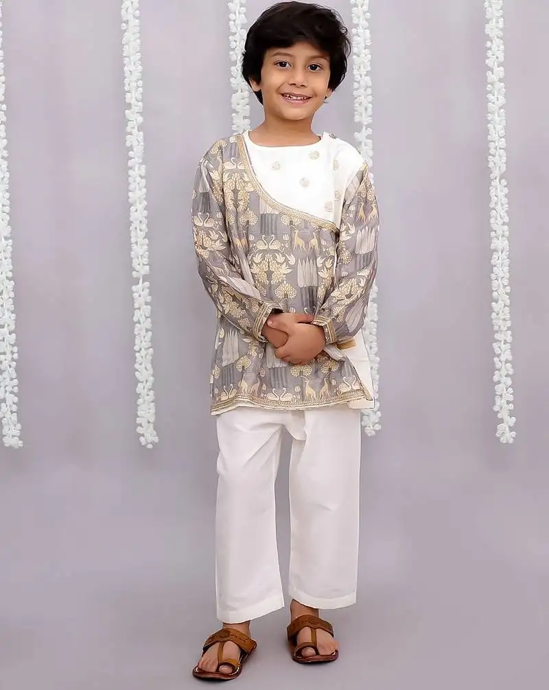 Grey printed cotton silk kurta pyjama