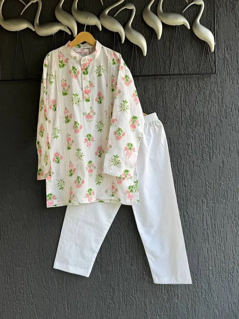 White printed cotton silk kurta pyjama