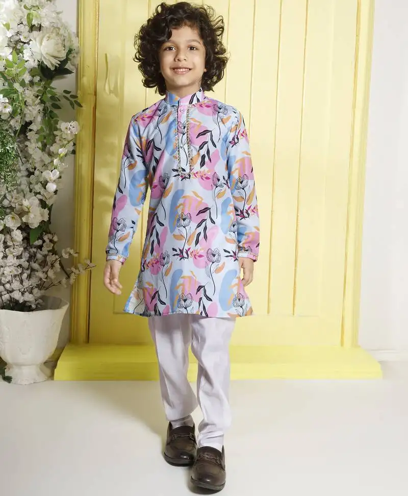 Sky blue digital printed muslin cotton woven kurta pajama sets