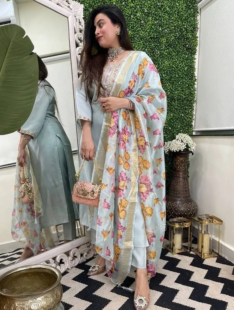 Sky viscose chanderi heavy thread embroidery work with jacquard butti dupatta kurta pant set