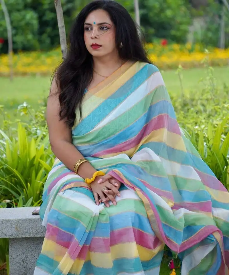 Multicolor rainbow breeze handloom mul cotton saree