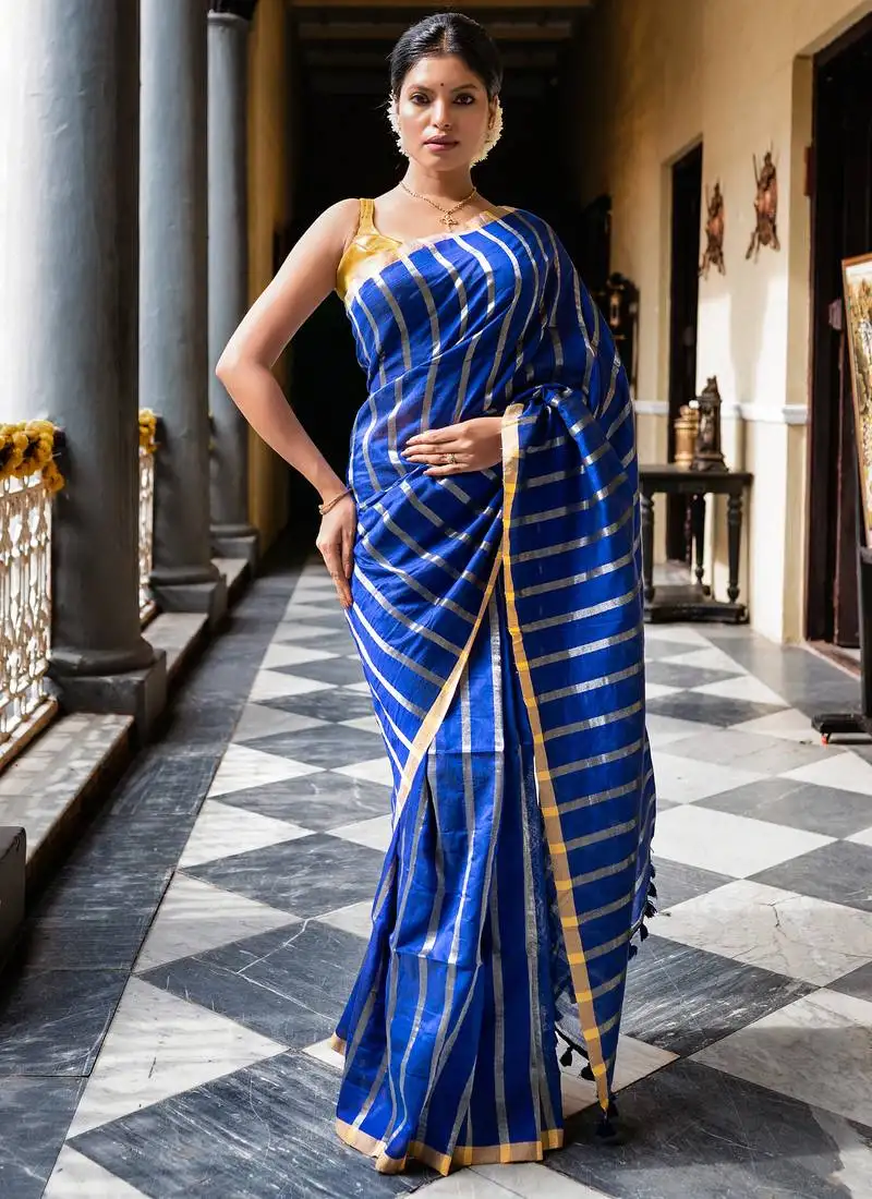 Blue stripe shimmer handloom mul cotton saree