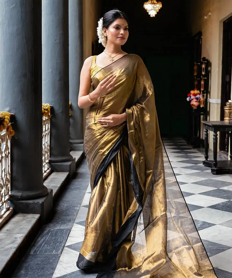 Gold mul cotton saree with deep contrast border