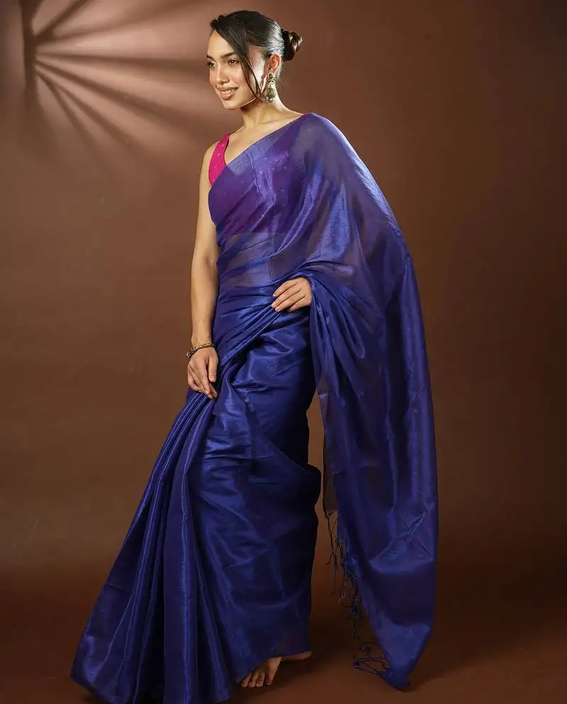 Blue handloom mul cotton tissue saree
