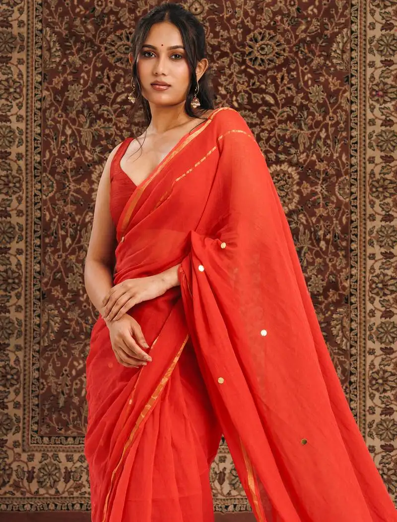 Red mul cotton saree with zari border gini work