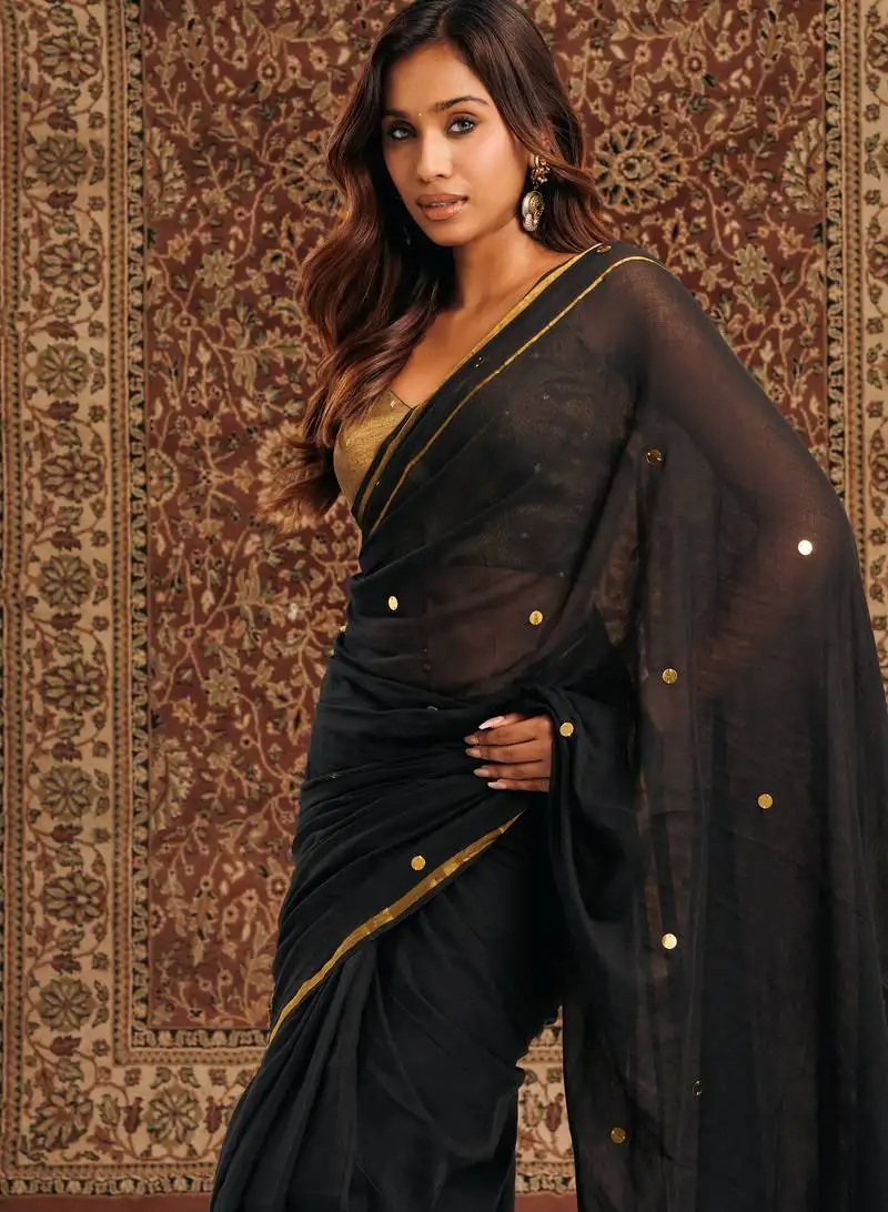 Black mul cotton saree with zari border gini work