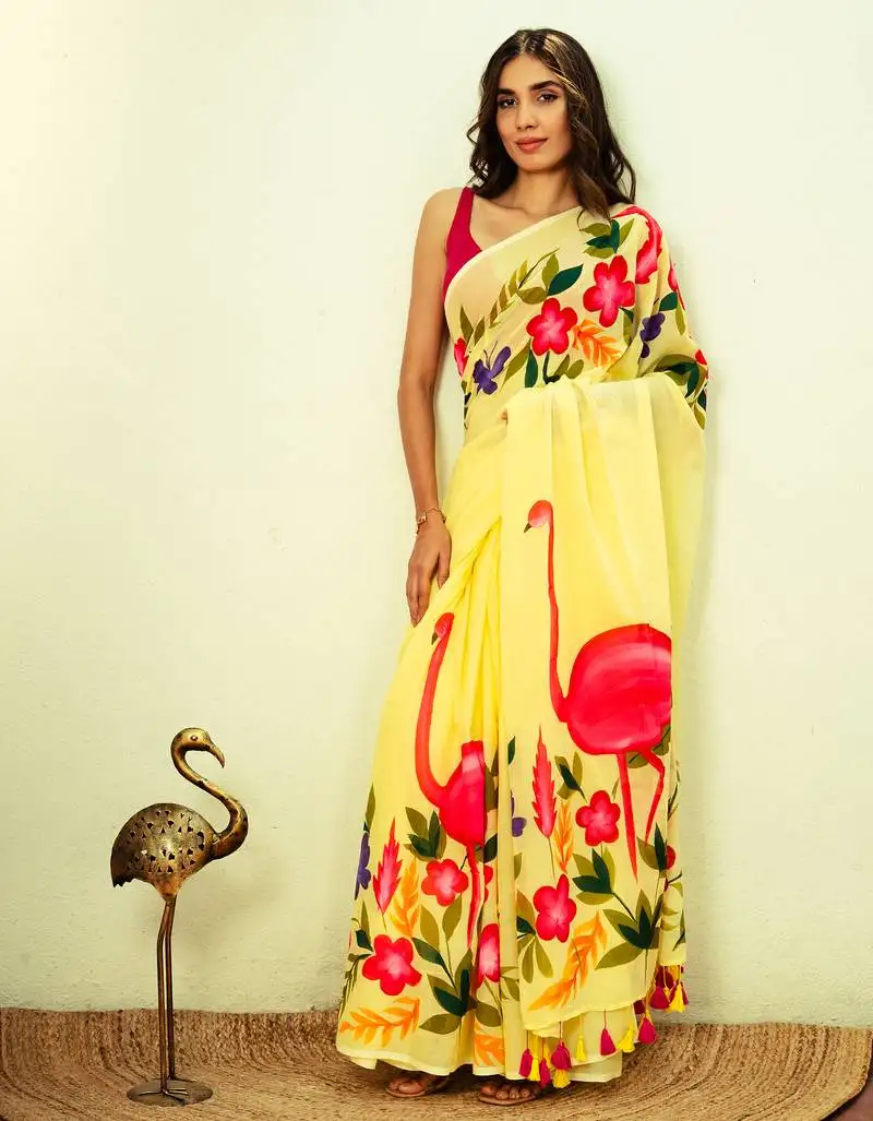 Yellow handpainted mul cotton saree