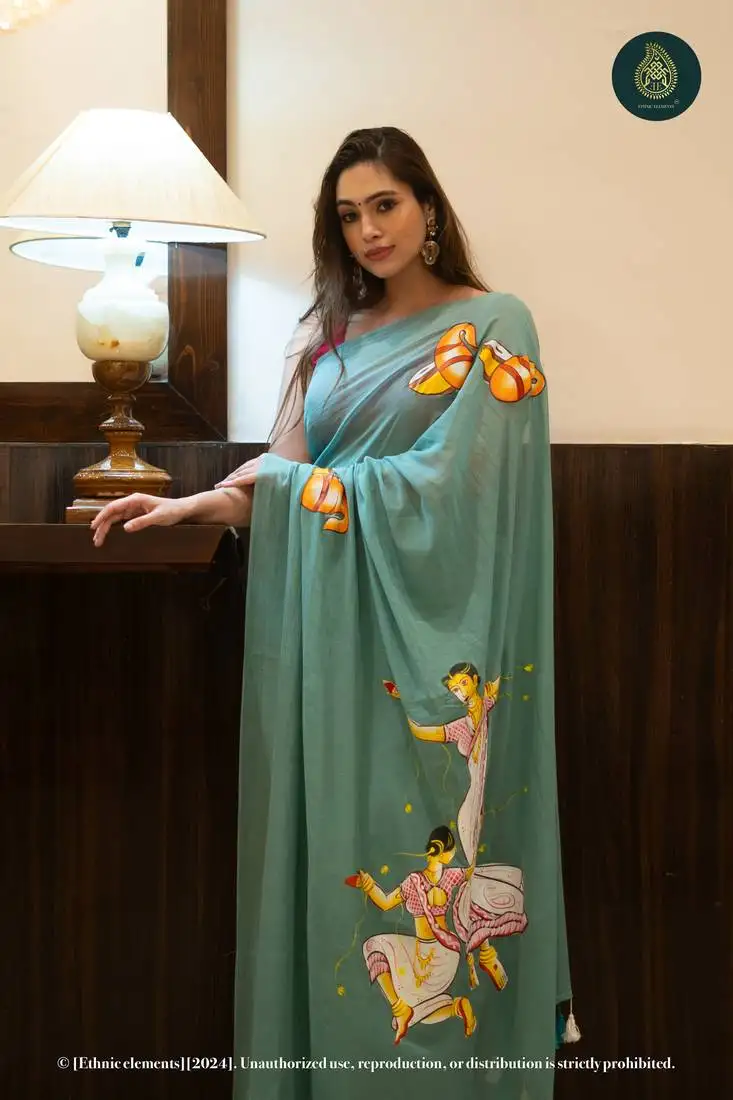 Green hand painted mul cotton saree