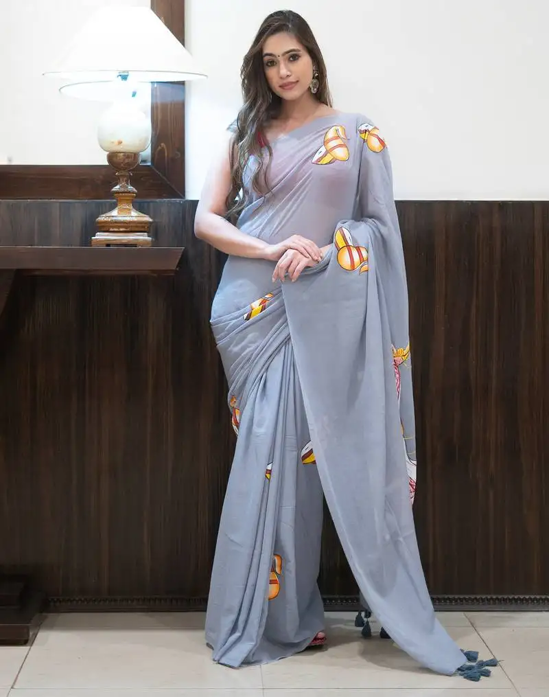 Grey hand painted mul cotton saree