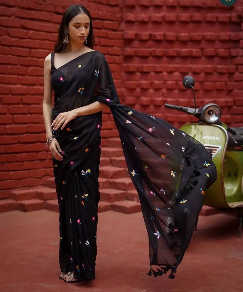 Black mul cotton solid saree