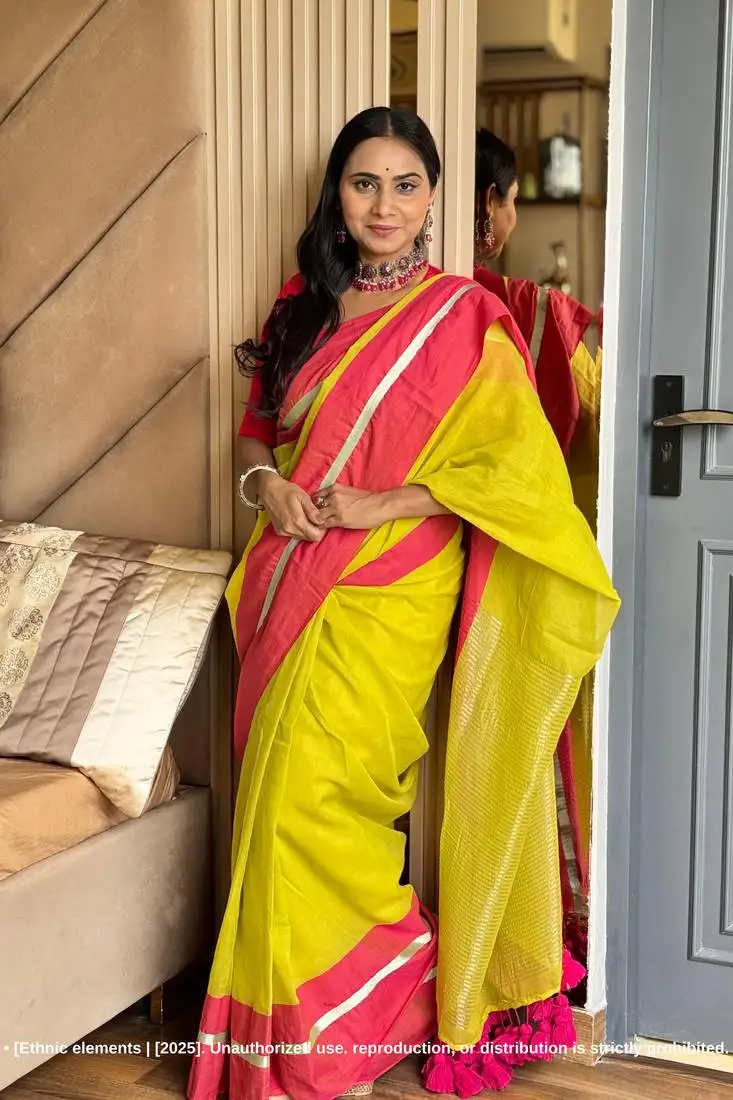 Yellow lime mul cotton saree with contrast border