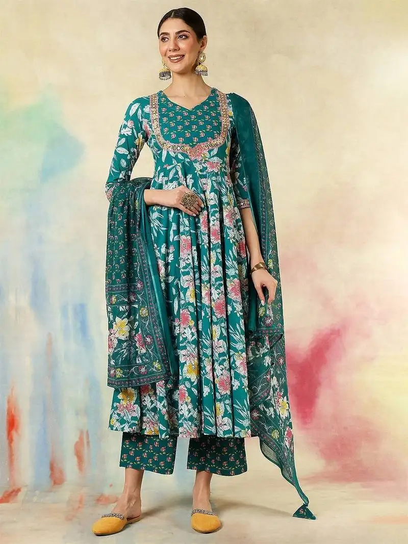 Teal green cotton print with thread embroidery work kurta pant set