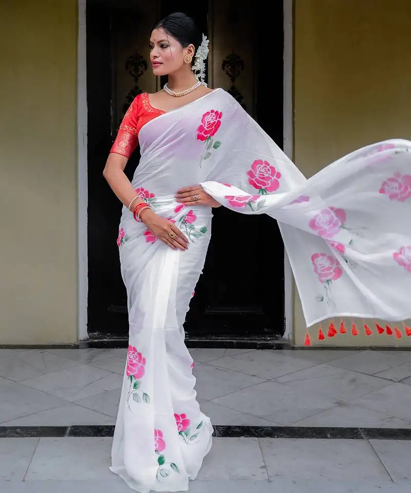 White mul cotton hand painted saree
