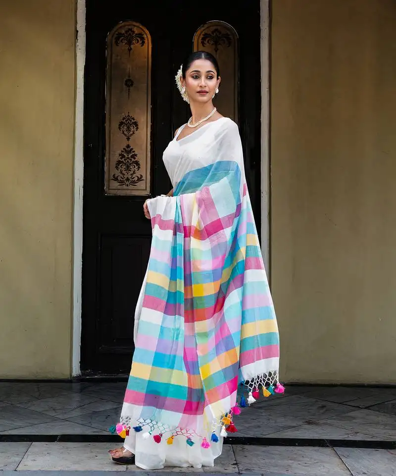 Blue mul cotton ombre fade with zari stripe saree