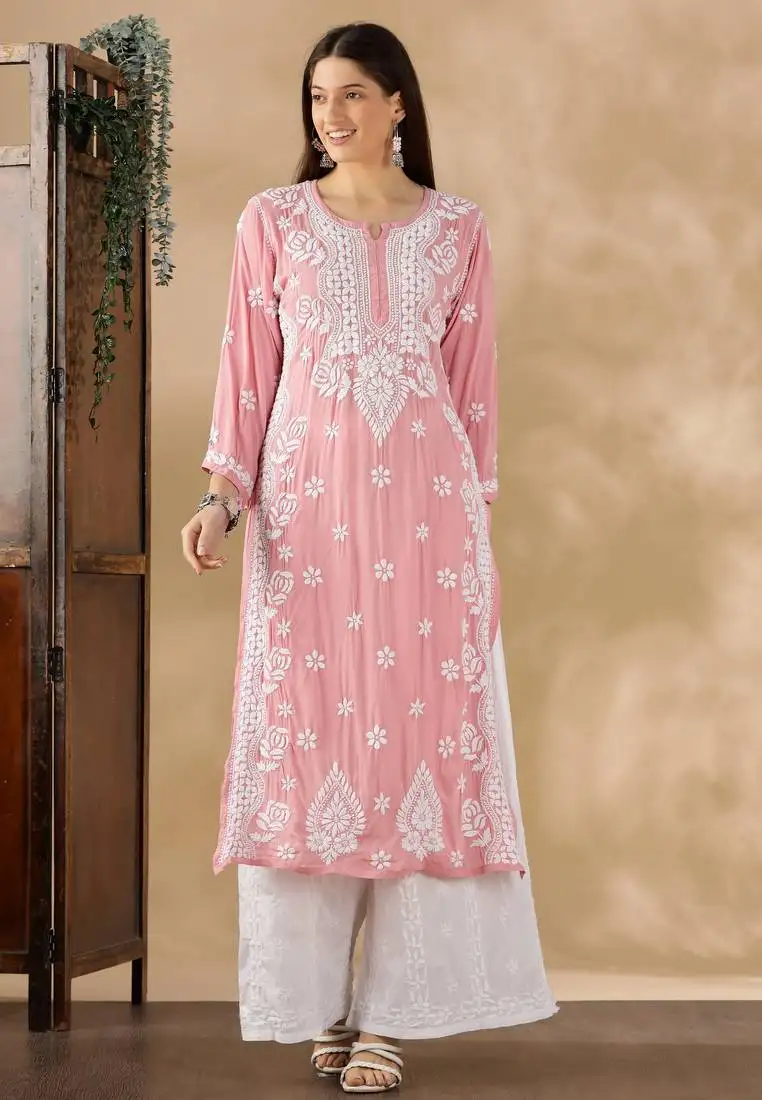Chickenkari embroidered thread work cotton straight kurta