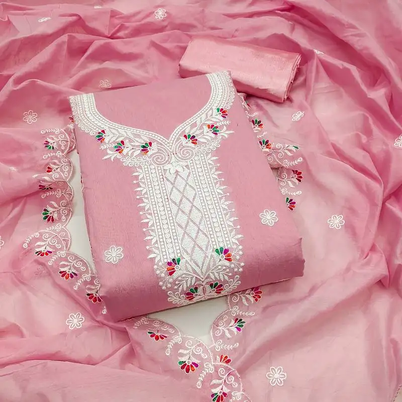 Women's pink unstitched heavy thread embroidered chanderi cotton dress material