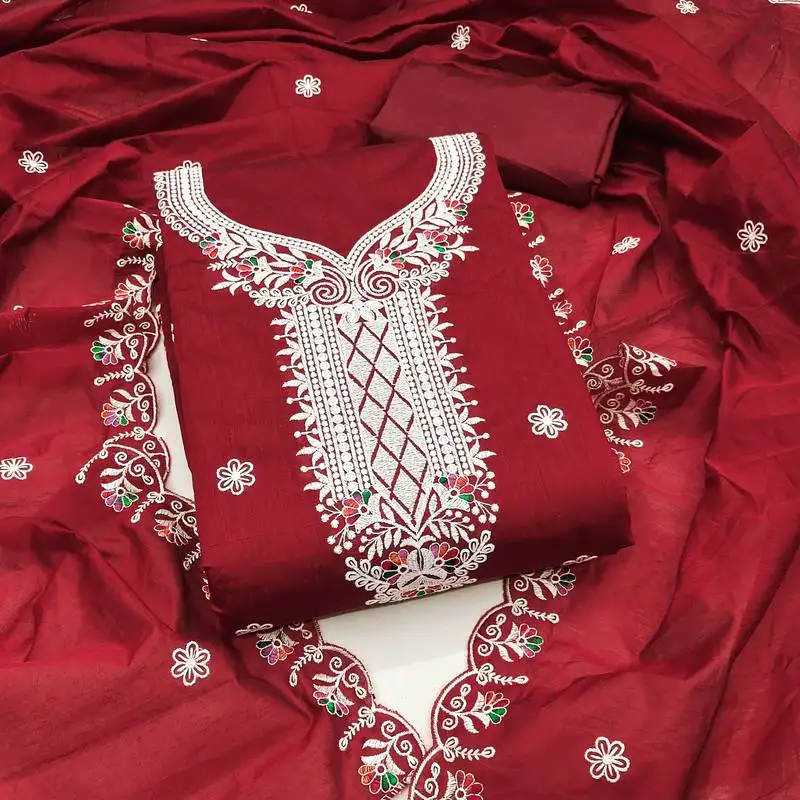 Women's maroon unstitched heavy thread embroidered chanderi cotton dress material