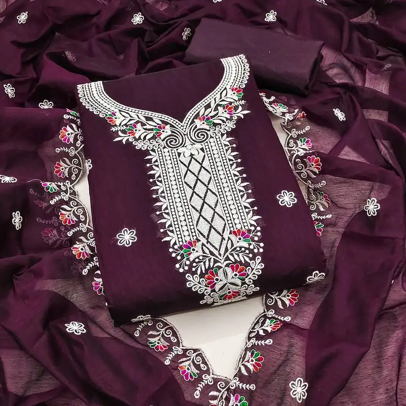 Women's purple unstitched heavy thread embroidered chanderi cotton dress material