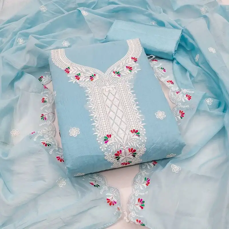 Women's sky blue unstitched heavy thread embroidered chanderi cotton dress material