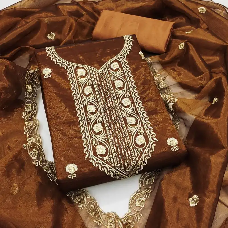 Women's mustard unstitched heavy thread embroidered twill net dress material