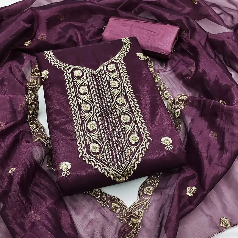 Women's purple unstitched heavy thread embroidered twill net dress material