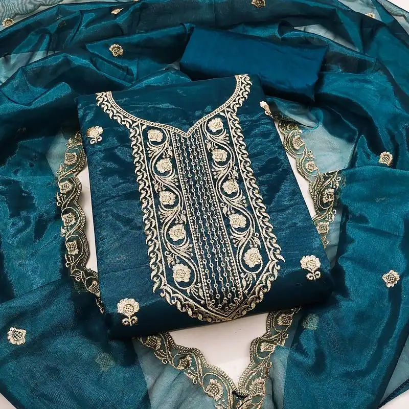 Women's teal blue unstitched heavy thread embroidered twill net dress material