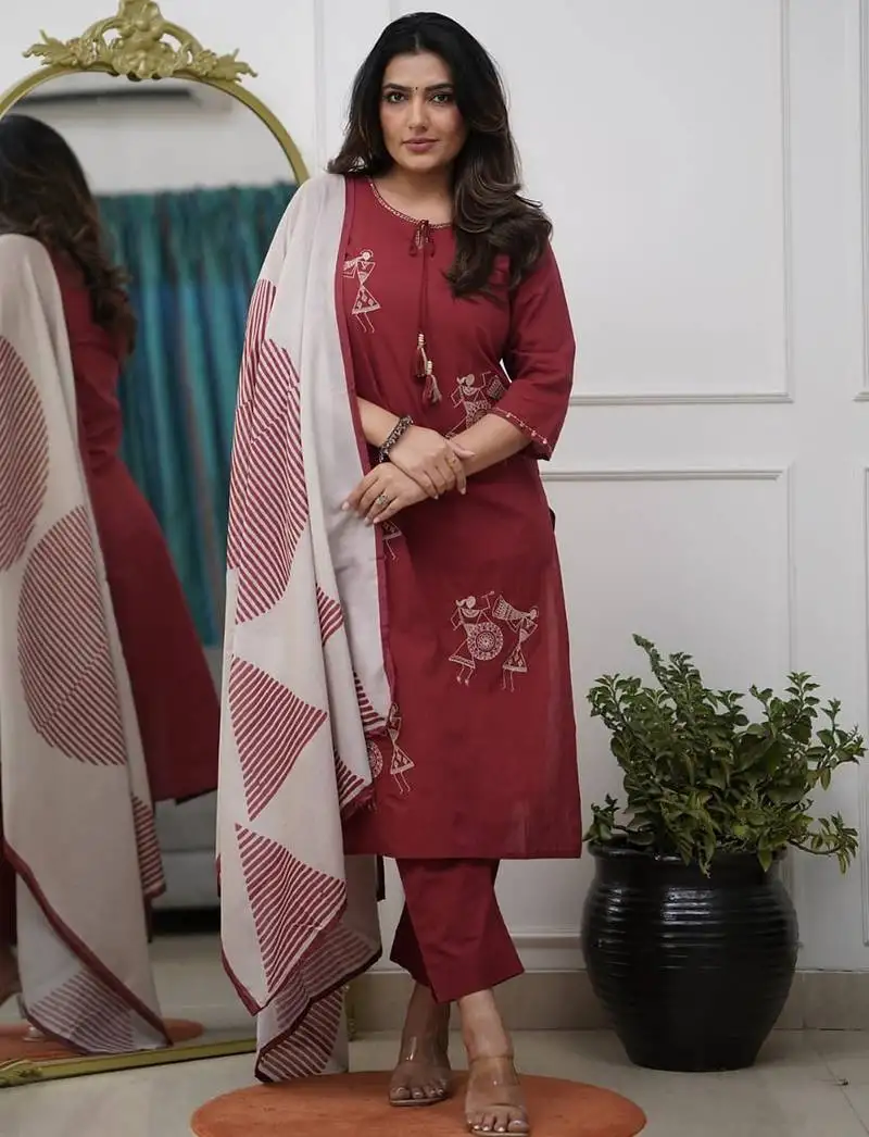 Maroon pure silk heavy thread embroidery work with printed dupatta kurta pant set