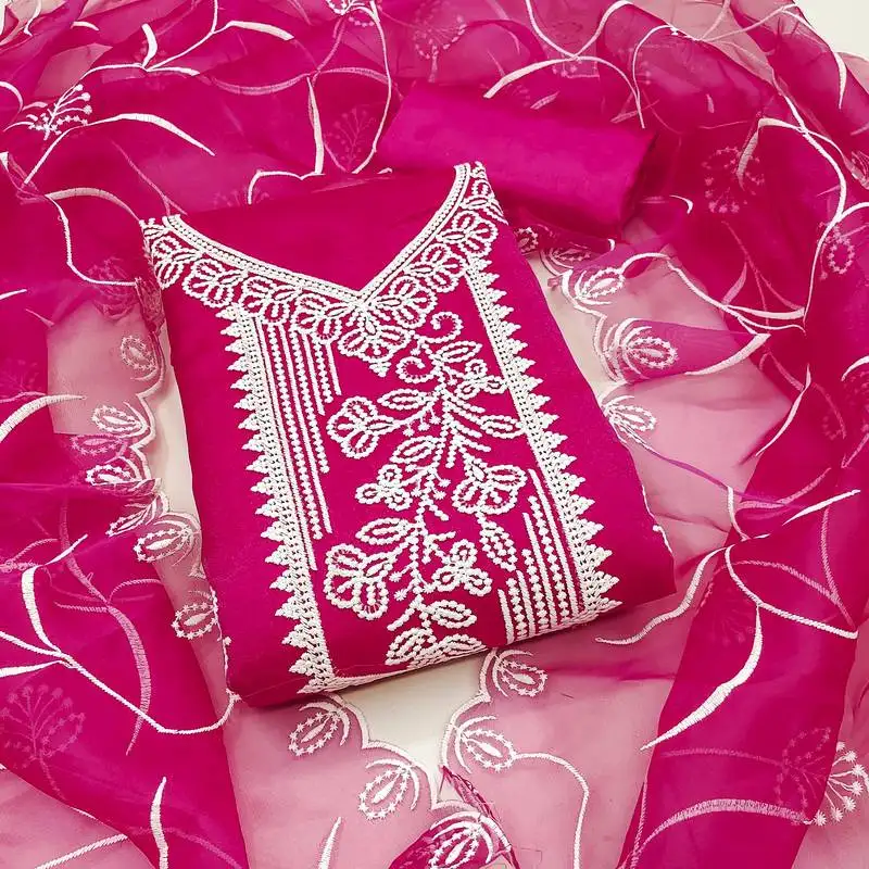 Women's pink unstitched heavy thread embroidered organza dress material