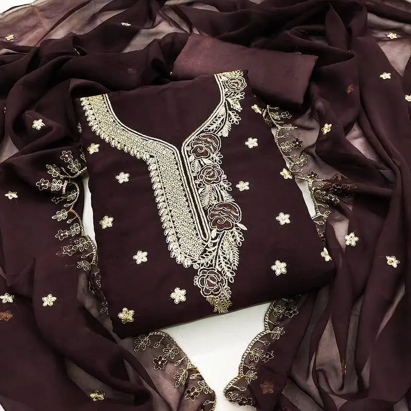 Women's brown unstitched heavy thread embroidered georgette dress material