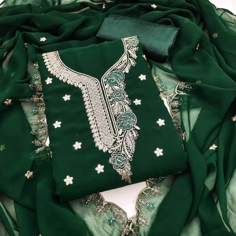 Women's green unstitched heavy thread embroidered georgette dress material