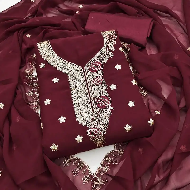 Women's magenta unstitched heavy thread embroidered georgette dress material