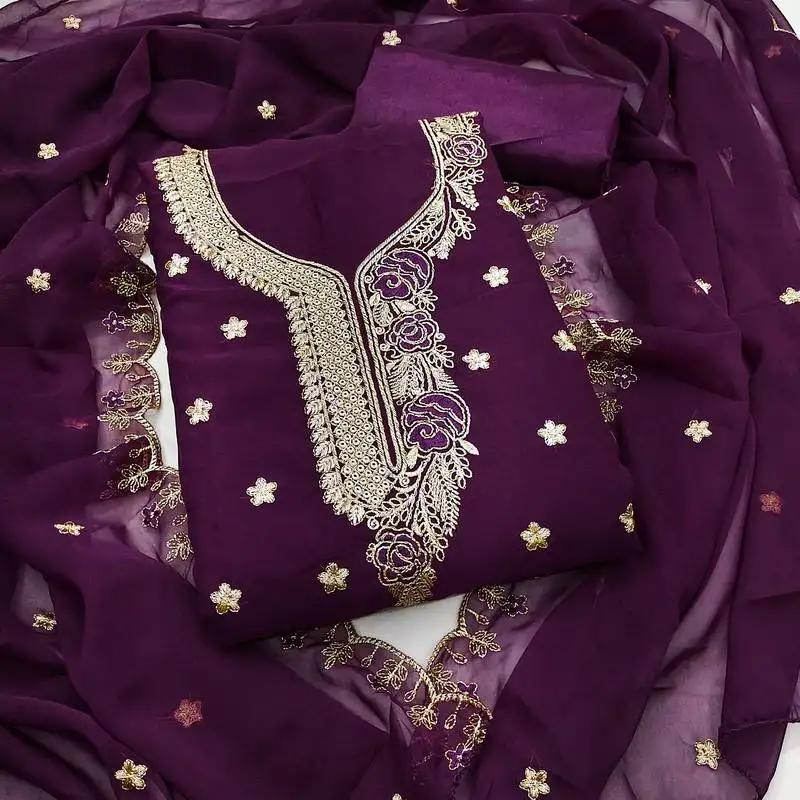 Women's purple unstitched heavy thread embroidered georgette dress material