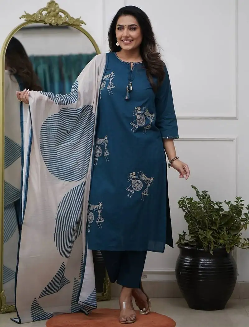Blue pure silk heavy thread embroidery work with printed dupatta kurta pant set