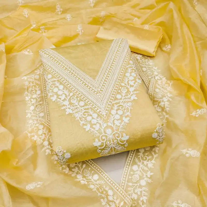 Women's yellow unstitched heavy thread embroidered chanderi cotton dress material