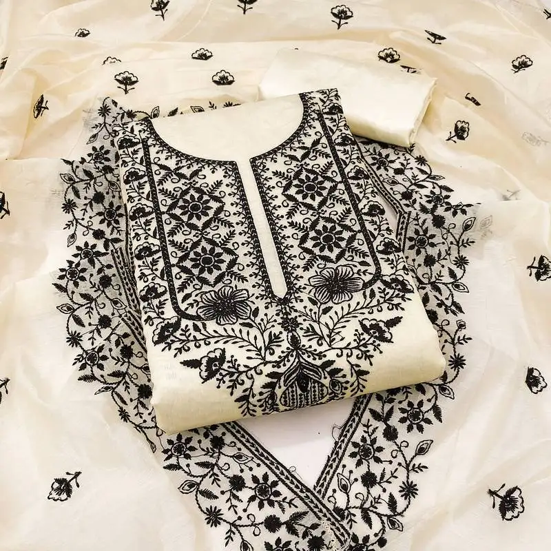 Women's cream unstitched heavy thread embroidered chanderi cotton dress material
