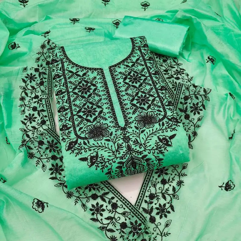 Women's light green unstitched heavy thread embroidered chanderi cotton dress material