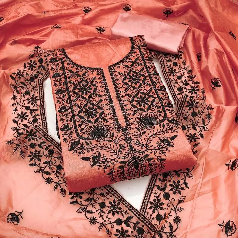 Women's peach unstitched heavy thread embroidered chanderi cotton dress material