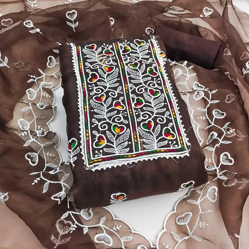 Women's brown unstitched heavy thread embroidered organza dress material