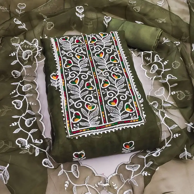 Women's mehandi unstitched heavy thread embroidered organza dress material