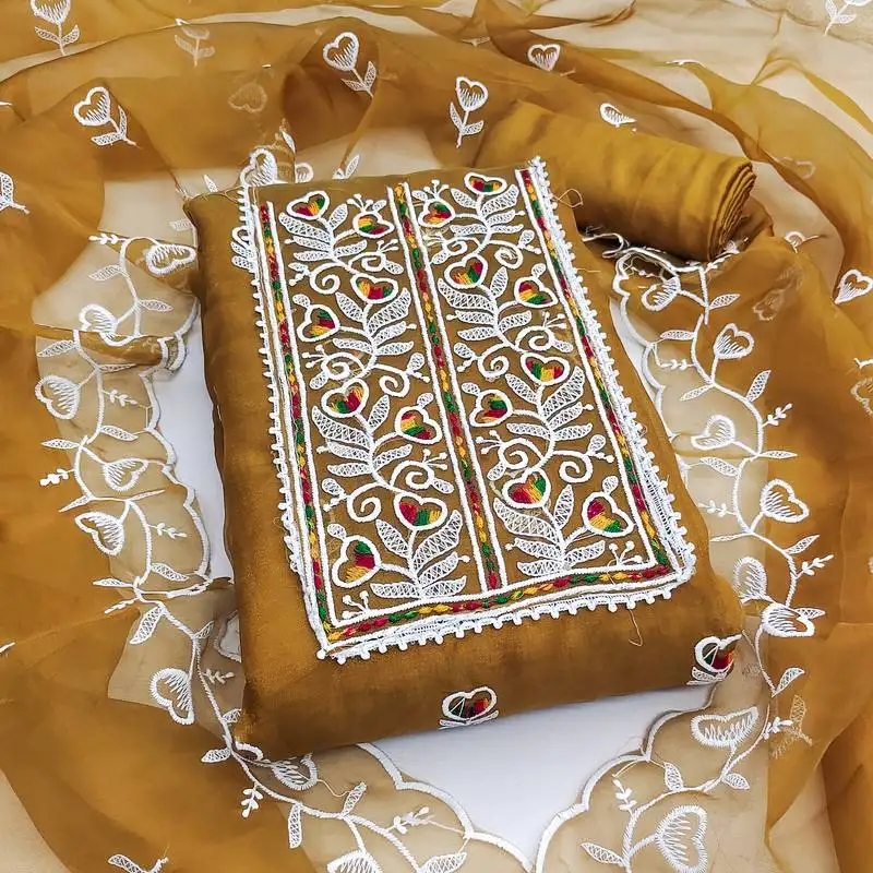 Women's mustard unstitched heavy thread embroidered organza dress material