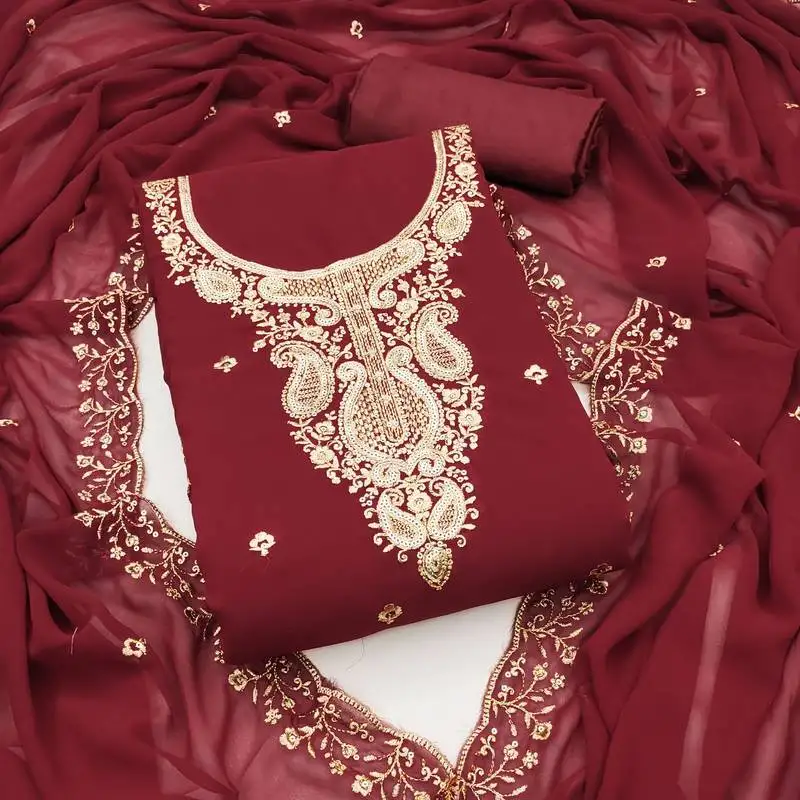 Women's maroon unstitched heavy thread embroidered georgette dress material