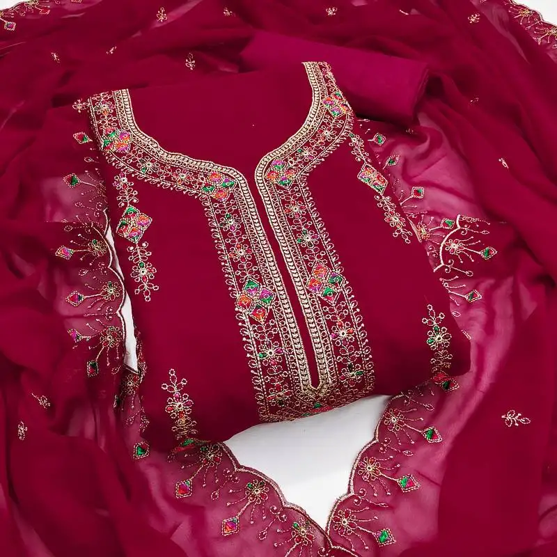 Women's pink unstitched heavy thread embroidered georgette dress material