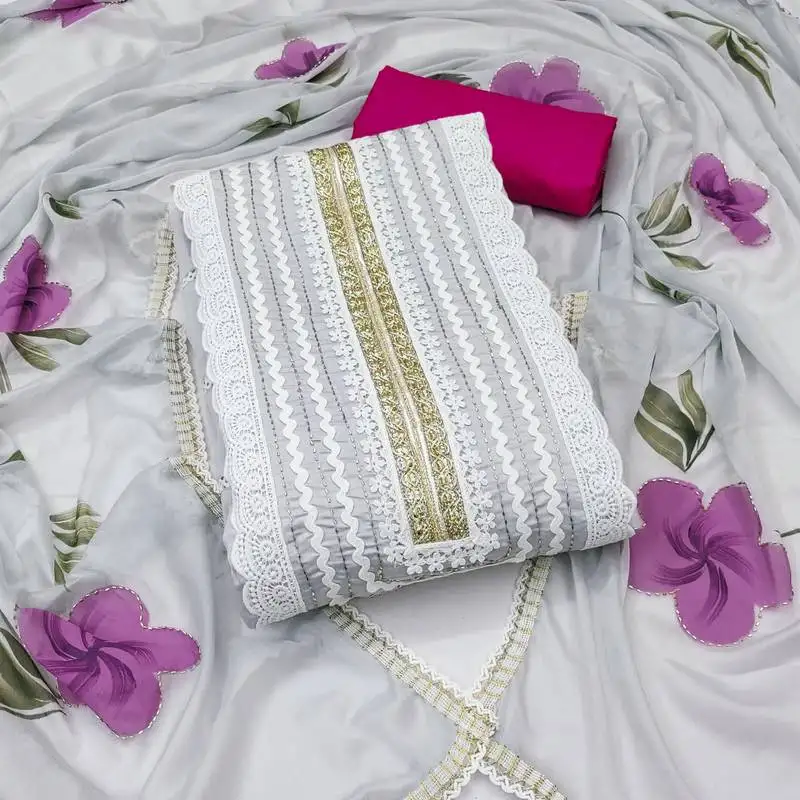 Women's light grey unstitched print & heavy handwork pure cotton silk dress material