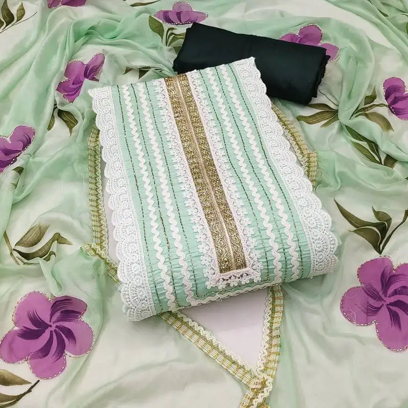 Women's light green unstitched print & heavy handwork pure cotton silk dress material