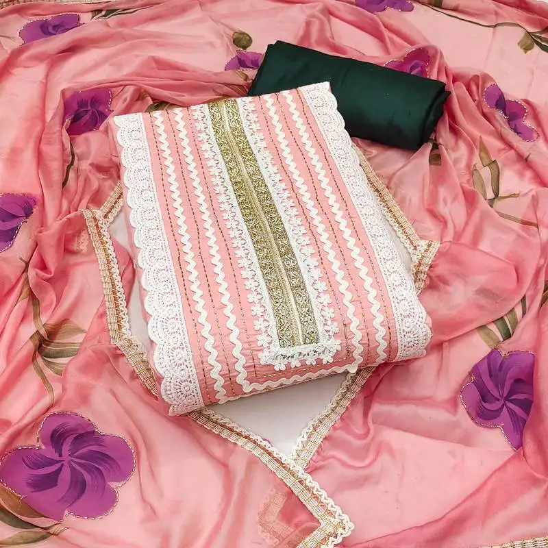 Women's peach unstitched print & heavy handwork pure cotton silk dress material