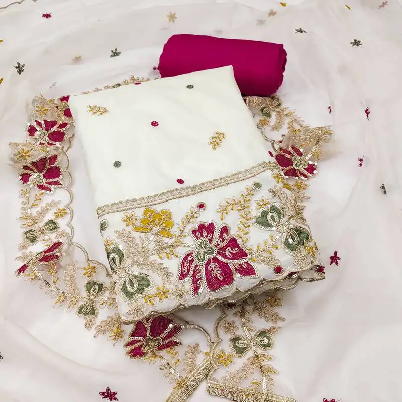 Women's white unstitched heavy thread embroidered viscose organja dress material