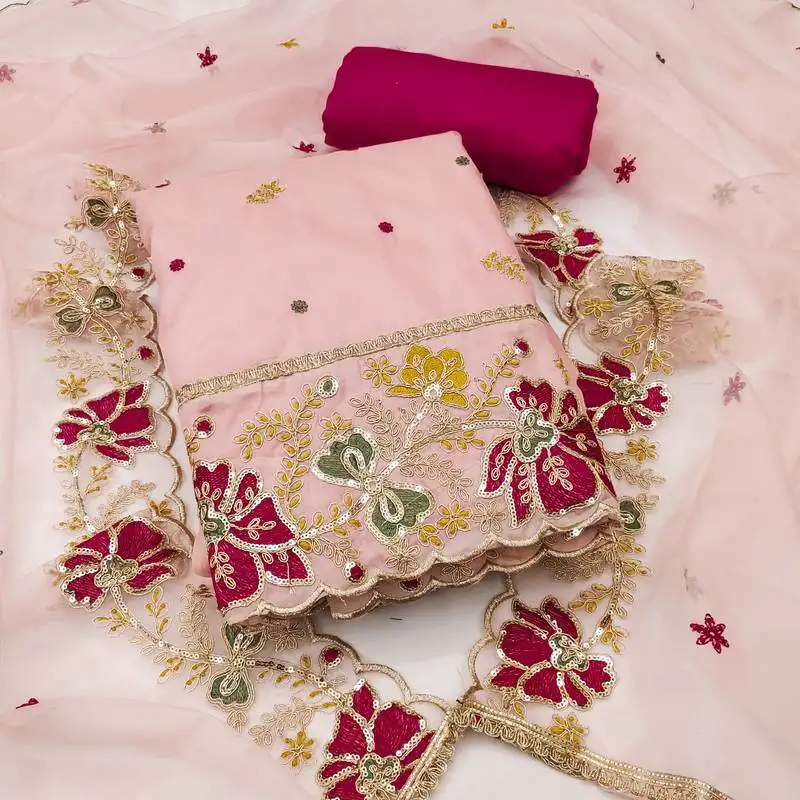 Women's peach unstitched heavy thread embroidered viscose organja dress material