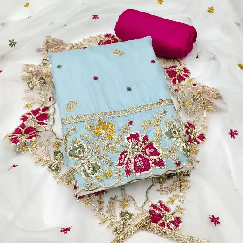 Women's sea green unstitched heavy thread embroidered viscose organja dress material